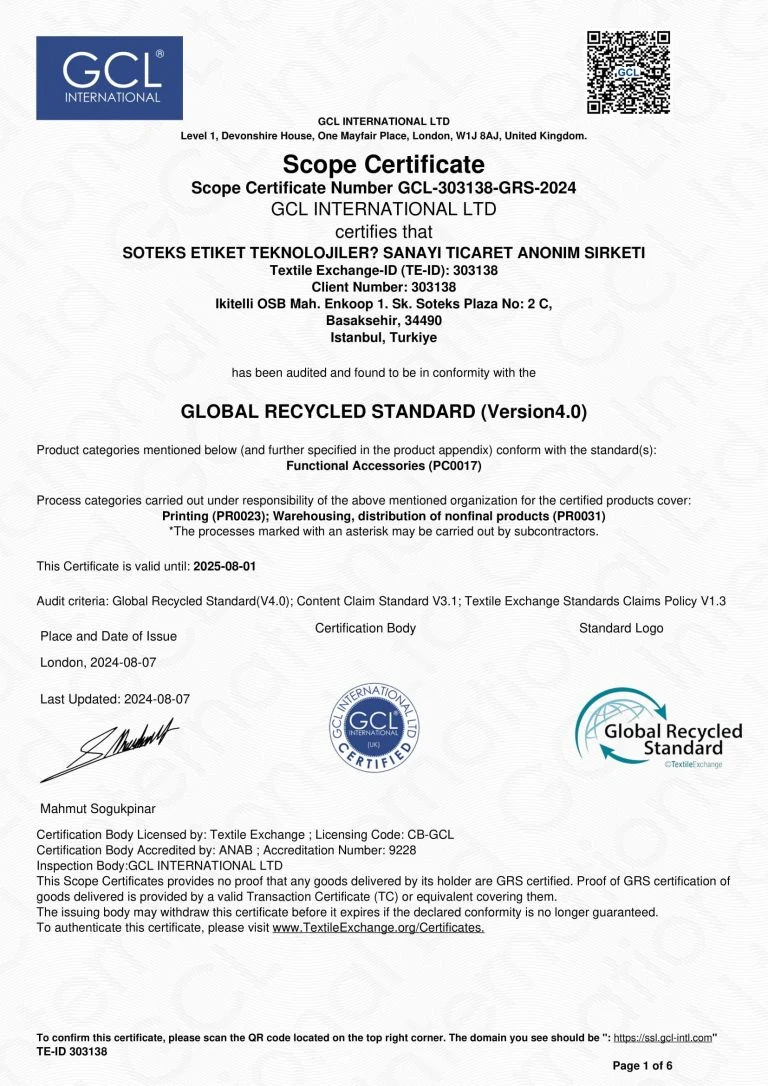 GRS (Global Recycled Standard) certificate