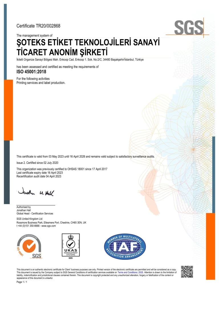 ISO 45001 certificate
